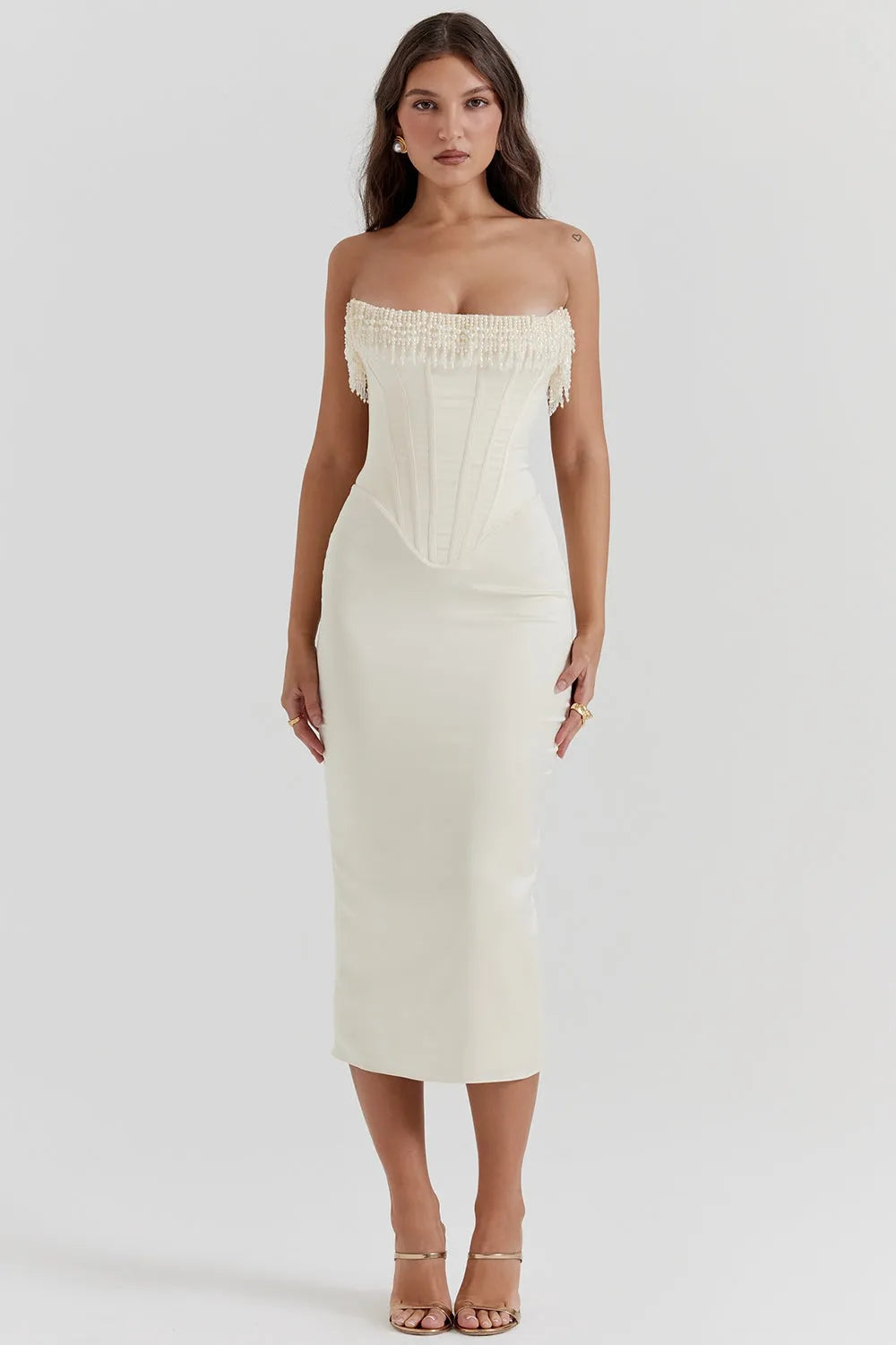 Elegant White Midi Dress with Pearls – Arizona Model