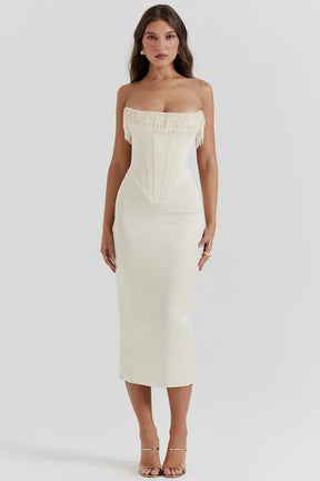 Elegant White Midi Dress with Pearls – Arizona Model