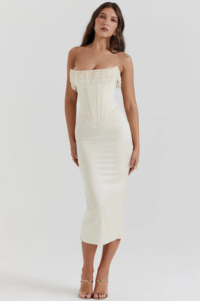 Elegant White Midi Dress with Pearls – Arizona Model