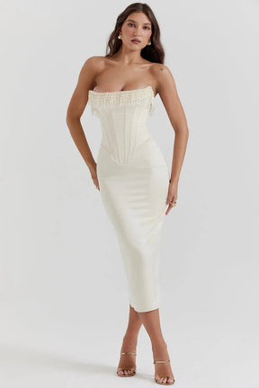 Elegant White Midi Dress with Pearls – Arizona Model