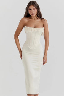 Elegant White Midi Dress with Pearls – Arizona Model