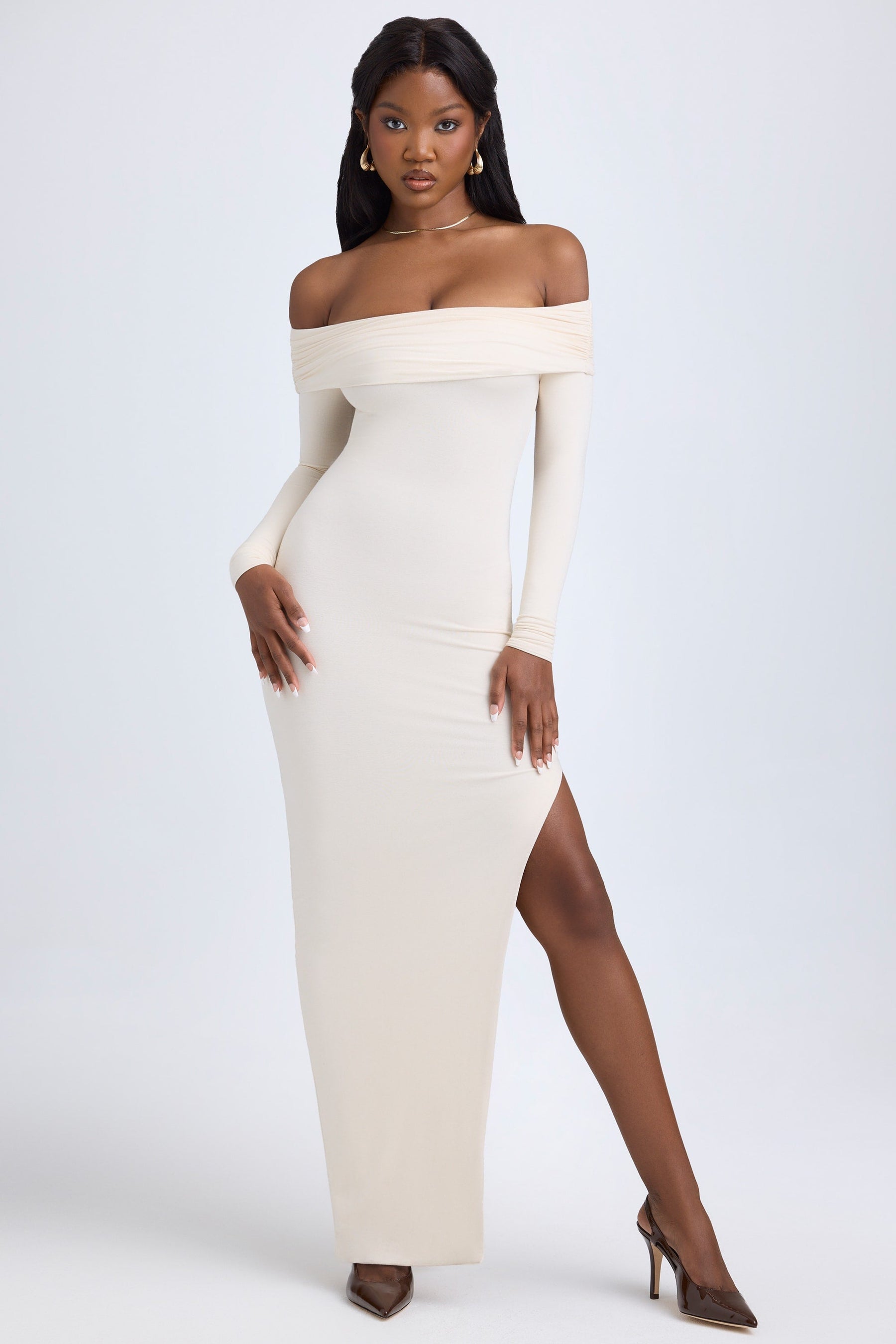 Long Modal Dress with Off-Shoulder and Open Back