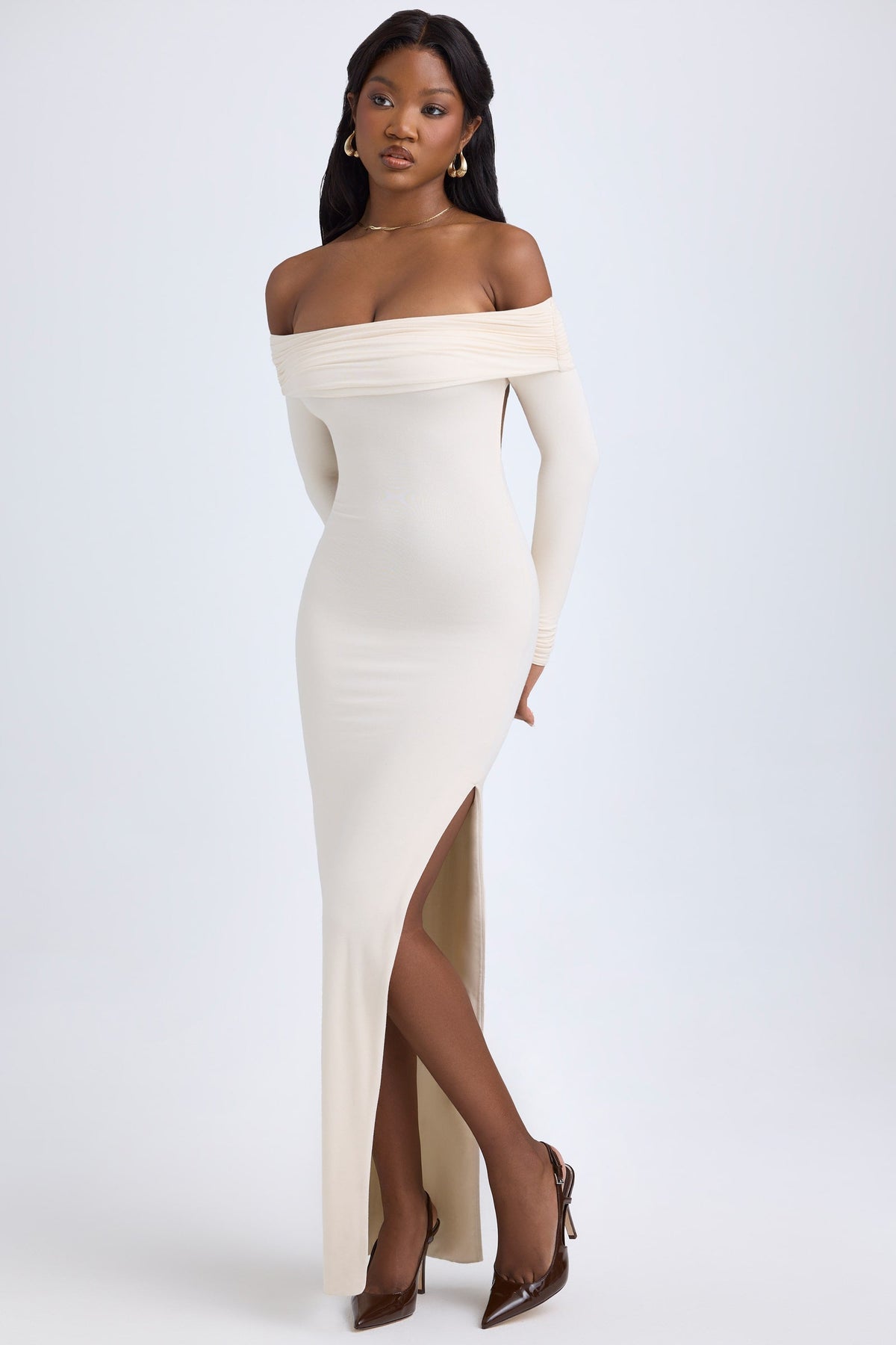 Long Modal Dress with Off-Shoulder and Open Back