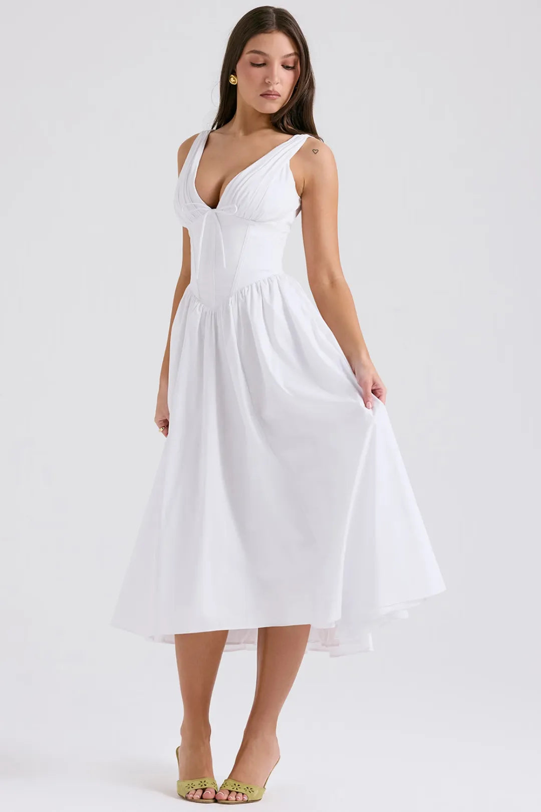 White Midi Dress for Civil Wedding with Corset and Pockets – Emmelina