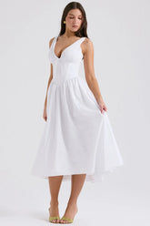 White Midi Dress for Civil Wedding with Corset and Pockets – Emmelina