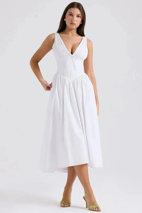 White Midi Dress for Civil Wedding with Corset and Pockets – Emmelina