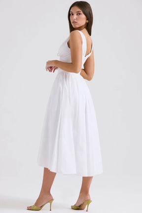White Midi Dress for Civil Wedding with Corset and Pockets – Emmelina