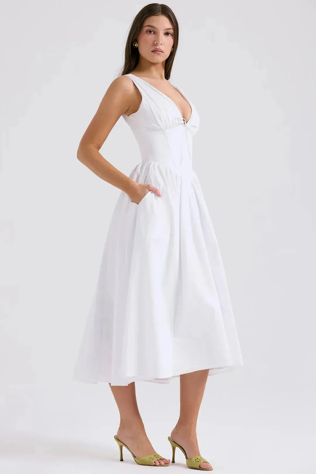 White Midi Dress for Civil Wedding with Corset and Pockets – Emmelina