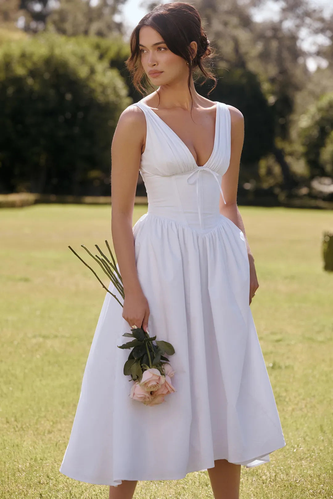White Midi Dress for Civil Wedding with Corset and Pockets – Emmelina