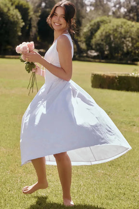 White Midi Dress for Civil Wedding with Corset and Pockets – Emmelina