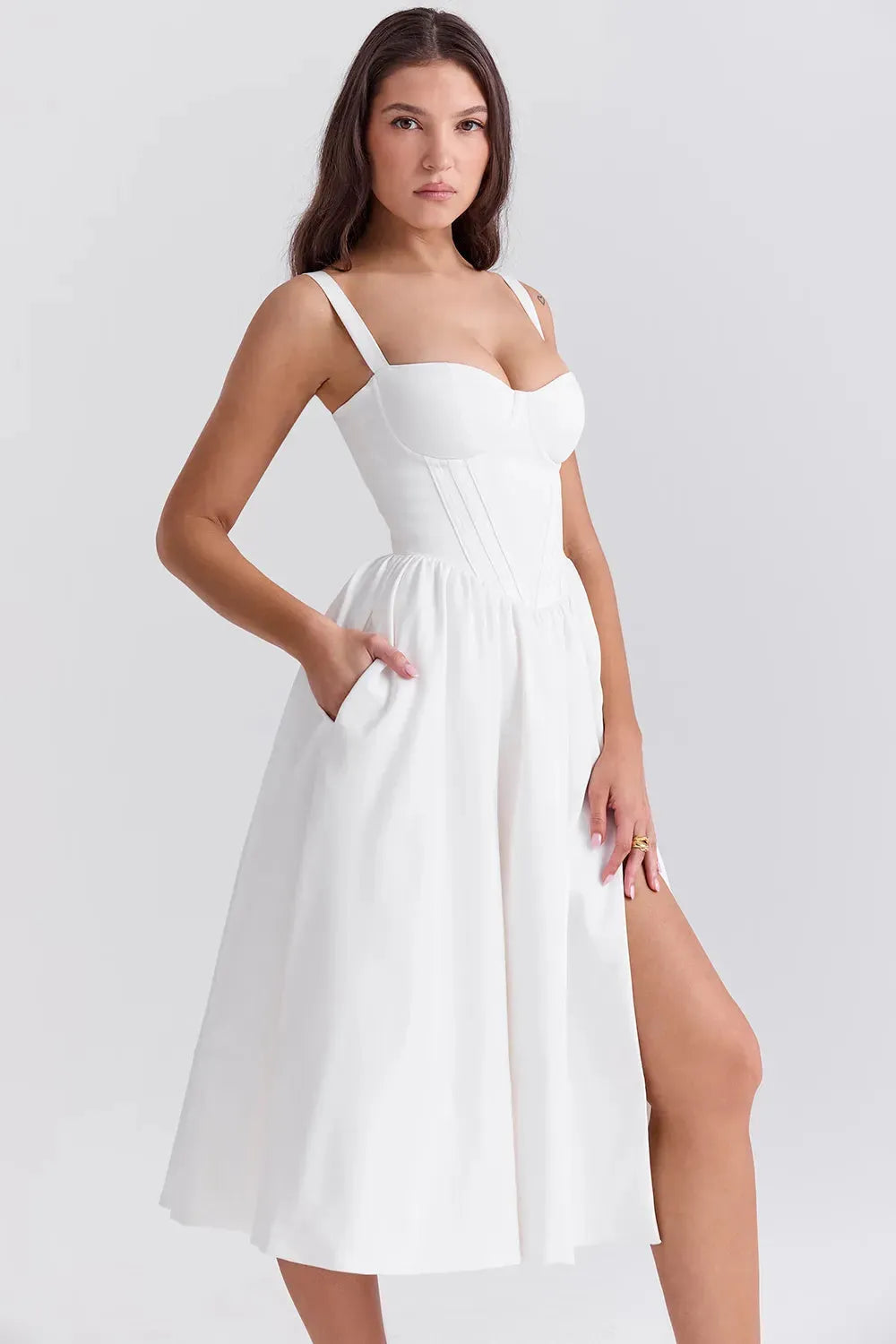 White Midi Dress with Corset for Daytime Civil Wedding – Aghata